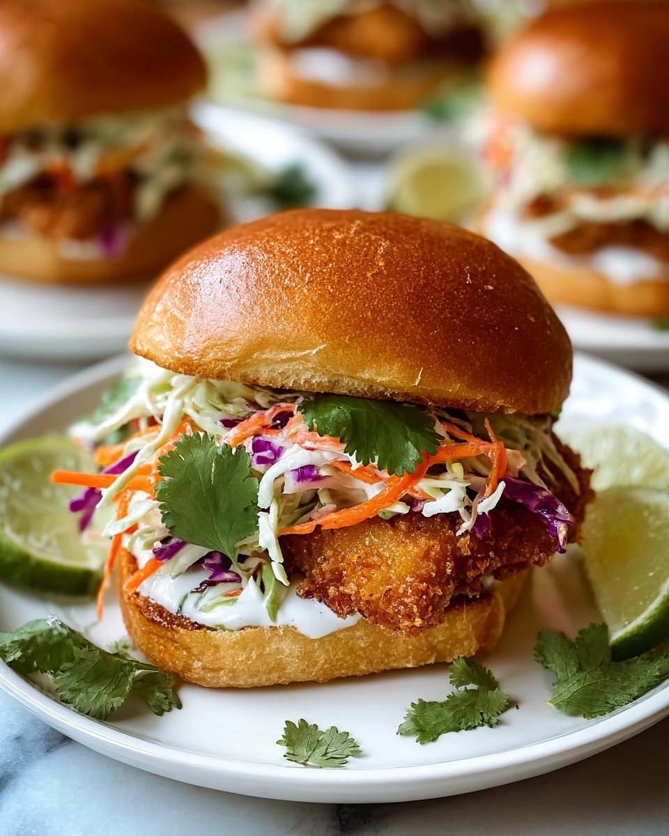 A close-up view of a fried fish sandwich placed on a white plate with a white marbled texture underneath. The sandwich includes a glossy, golden brown bun on top, followed by a layer of fresh cilantro leaves and colorful coleslaw made of thinly sliced white cabbage, purple cabbage, and orange carrots. Beneath this is a thick, crispy, golden fried fish fillet, resting on the bottom half of the soft bun which appears slightly toasted. Additional cilantro leaves garnish the white plate, and more sandwiches are blurred in the background. Photo taken with an iphone --ar 4:5 --v 7