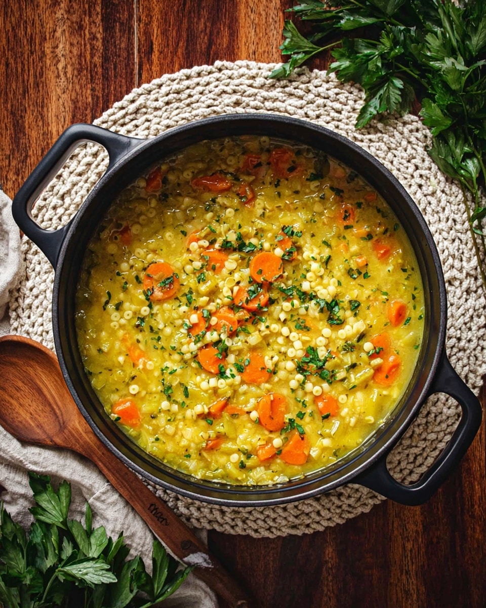 A black pot filled with a thick soup made of small round pasta pearls and sliced bright orange carrots, mixed with shredded pale yellow chicken pieces, all in a light yellow broth that looks soft and creamy, sprinkled with small green herb bits throughout. The pot is placed on a white marbled textured surface with a wooden spatula and fresh cilantro sprigs nearby. Photo taken with an iphone --ar 4:5 --v 7