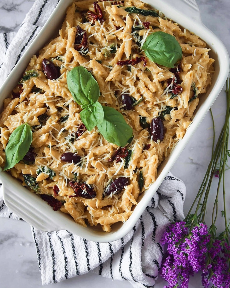 A white rectangular dish filled with creamy, light orange pasta mixed with pieces of dark purple olives and bits of red sun-dried tomatoes, with some bright green spinach leaves scattered throughout. The pasta looks soft and coated in sauce, and there are small piles of shredded white cheese sprinkled on top. Three fresh green basil leaves are placed on the surface as decoration. The dish rests on a white cloth with black stripes, and on the right side, a few purple flowers with green buds lie on a white marbled surface. photo taken with an iphone --ar 4:5 --v 7