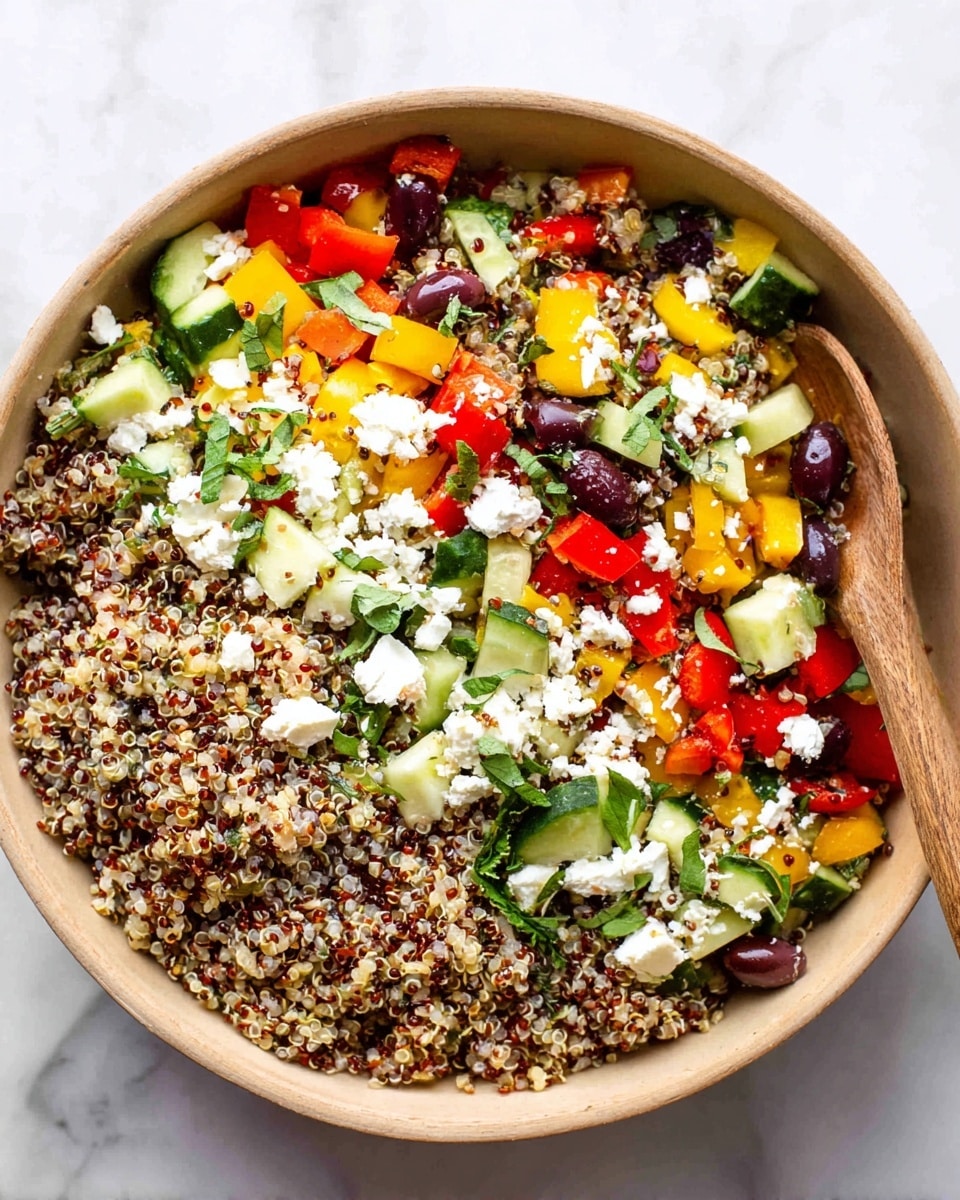 A large bowl filled with a colorful quinoa salad layered with chopped cucumber pieces in light green, red and yellow bell pepper chunks, dark purple olives, and sprinkled evenly with white crumbled cheese on top. The bowl is light brown with a wooden spoon resting inside. Fresh green herb leaves decorate the salad’s center. The bowl is placed on a surface with white marbled texture, surrounded by halved bright yellow lemons, small white dishes with seasoning, and a glass jar with fresh green herbs nearby. Photo taken with an iphone --ar 4:5 --v 7