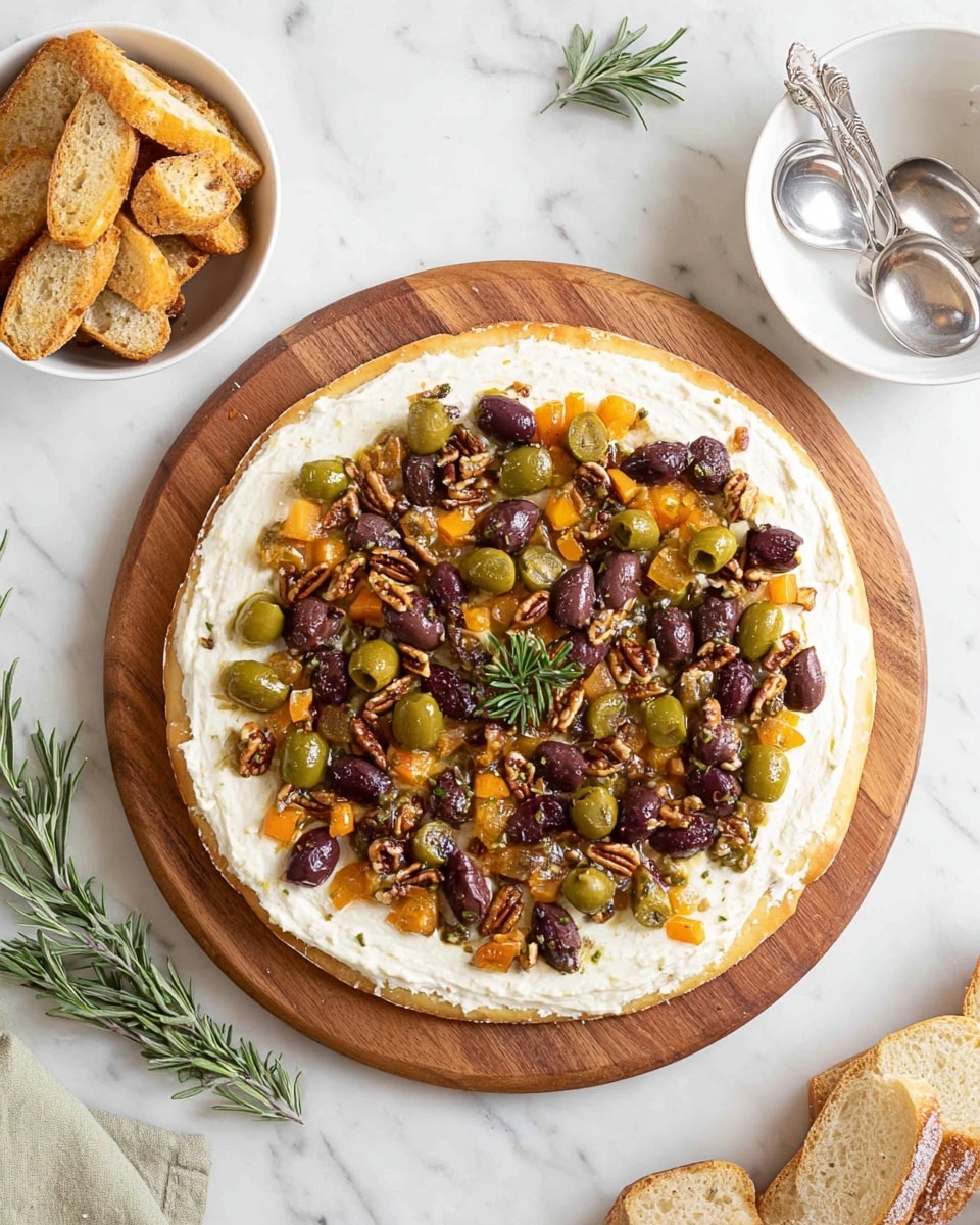 The image shows a flat round dish on a wooden board with a white marbled surface underneath. The dish has three layers: a thick white creamy base, topped with mixed chopped ingredients including dark purple olives, green pickle slices, orange chunks, small pieces of brown nuts, and bits of ham, all evenly spread across the surface. Thin green rosemary leaves are sprinkled on top, with a small bunch of fresh green rosemary sprigs placed in the center. Surrounding the dish are toasted slices of bread, a bowl of honey with a honey dipper, white bowls with two silver spoons, and a white cloth with extra rosemary sprigs nearby. photo taken with an iphone --ar 4:5 --v 7