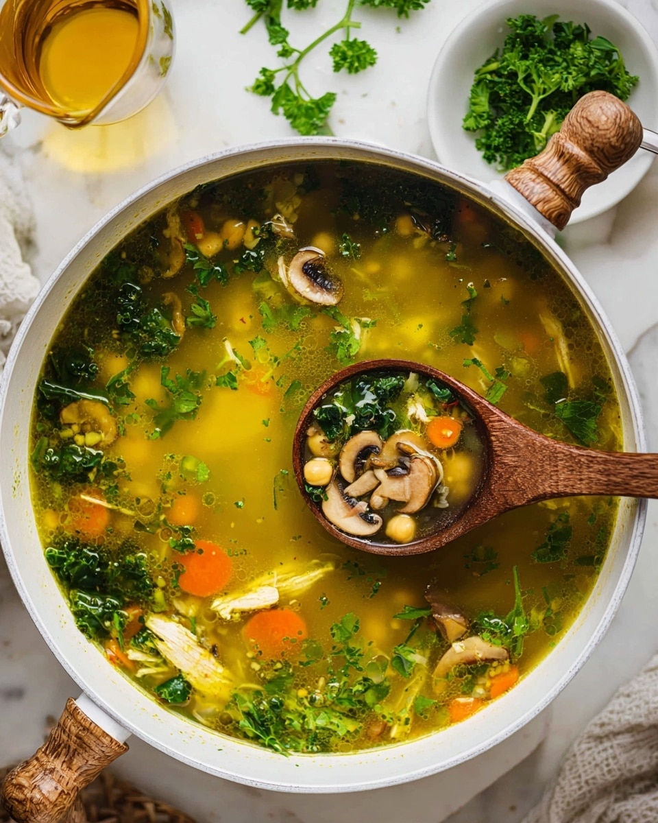 A bowl of clear golden broth soup filled with bright green leafy vegetables and herbs, small orange carrot cubes, chunks of light yellow artichoke hearts, sliced brown mushrooms, pale chickpeas, and finely chopped celery, all layered and floating evenly in the soup. The soup is served in a white bowl placed on a white marbled surface with a beige cloth nearby and a vintage silver spoon and fork resting beside the bowl. Photo taken with an iphone --ar 4:5 --v 7