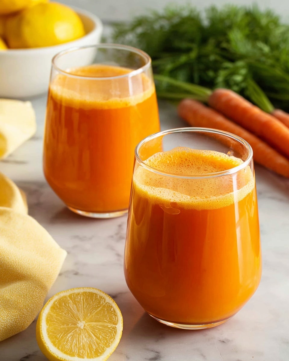 Two clear round glasses filled almost to the top with bright orange juice are placed on a white marbled surface. The juice has a smooth texture with a thin layer of foam on top. In the background, a bunch of carrots with green tops tied with twine lies on the surface, and a white bowl filled with yellow lemons is partially visible. One cut lemon half is on the surface near the front right corner. The setting has a fresh and natural feel, with vibrant colors of orange, green, and yellow. photo taken with an iphone --ar 4:5 --v 7