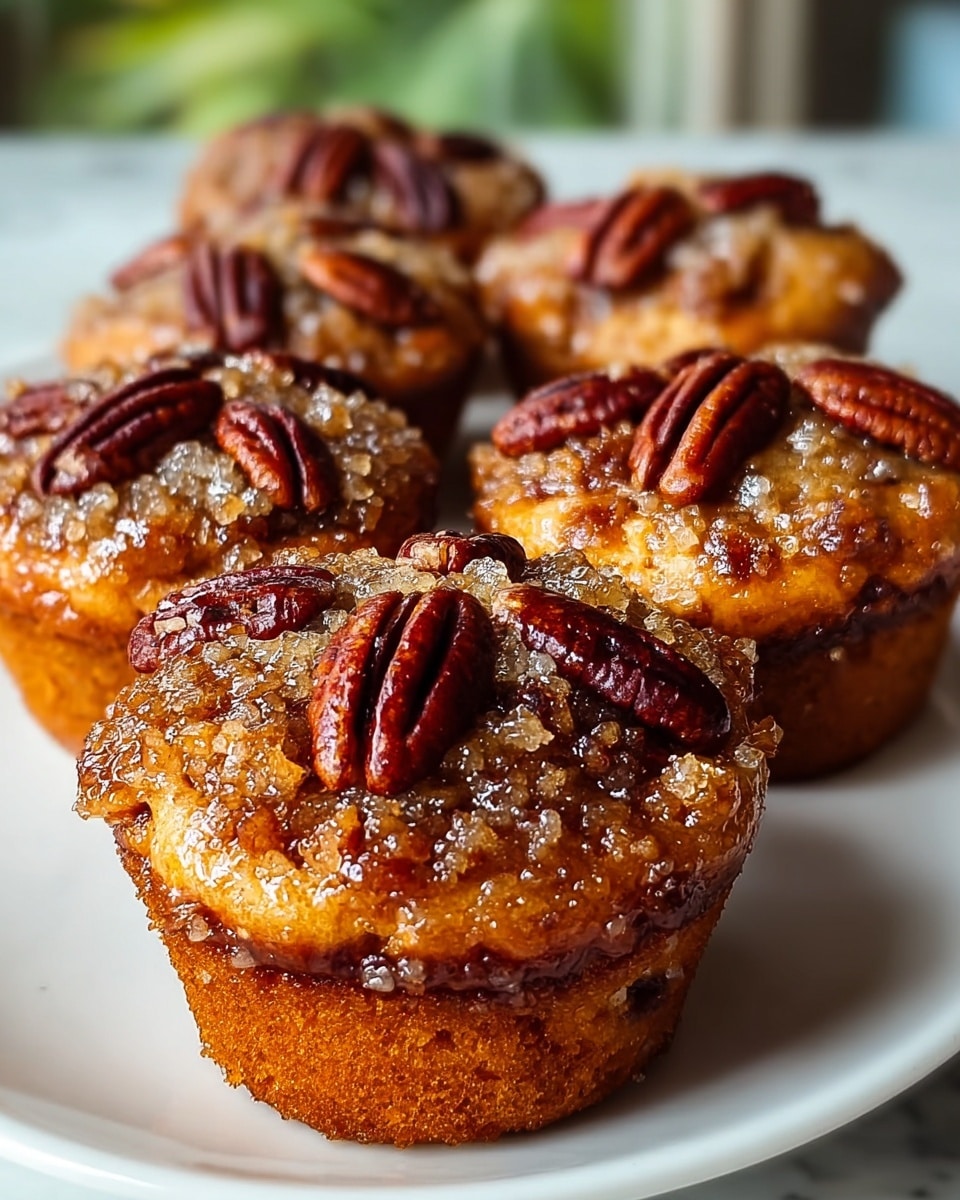 The image shows four nut muffins placed close together on a wooden board. Each muffin has a golden-brown base with a textured top that looks crumbly and slightly shiny, covered with coarse sugar. On the top of each muffin, there are several whole pecan halves that add a rich brown color and glossy texture. One muffin is in clear focus in the front, while the others blur softly in the background. There is a white cup visible in the back right corner, and the whole scene is set on a white marbled surface with soft natural light enhancing the warm colors and textures. photo taken with an iphone --ar 4:5 --v 7