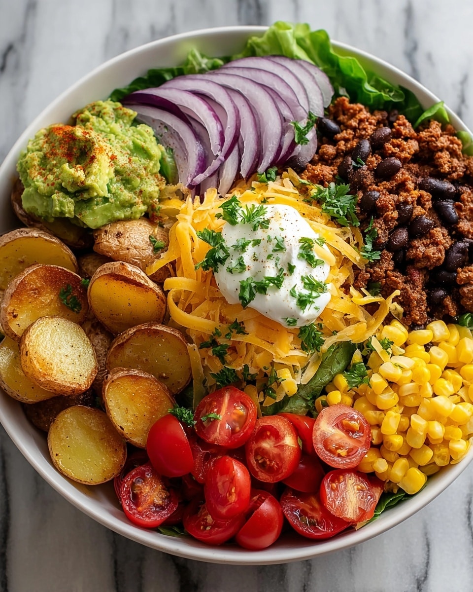 A white bowl filled with many layers including small golden roasted potatoes at the bottom left, next to thinly sliced purple onions, and seasoned roasted potato slices above them, a bright green leafy layer behind the potatoes. At the top center, there is a chunky avocado layer with some red spices sprinkled on it, beside a dark brown layer of ground meat mixed with black beans to the right. In the center, there is a pile of shredded bright orange cheddar cheese topped with white sour cream and fresh green parsley sprinkled on top. To the right bottom, there is a layer of bright yellow corn kernels, next to vibrant red cherry tomatoes cut into halves. The bowl is on a white marbled surface. Photo taken with an iphone --ar 4:5 --v 7