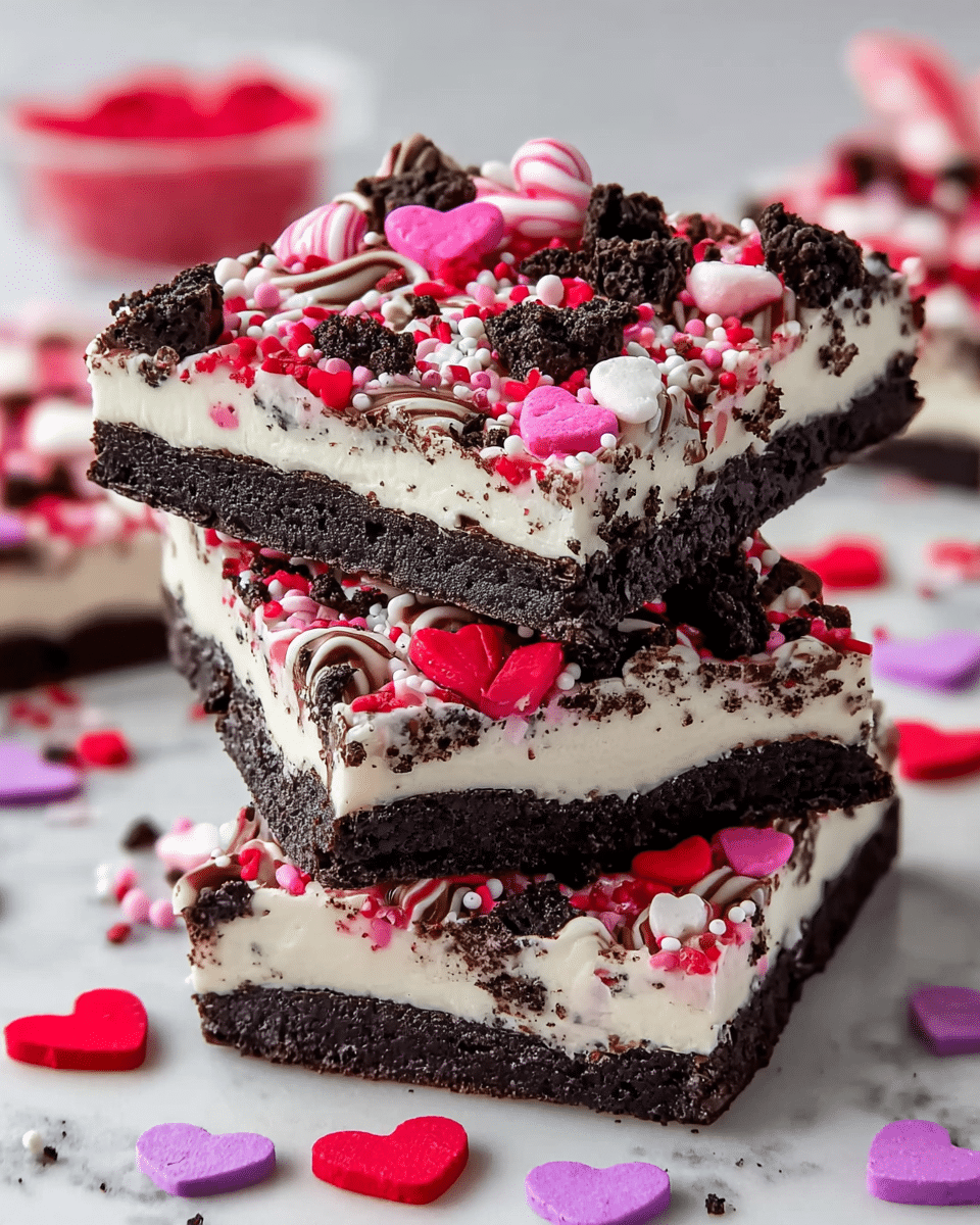 A stack of four square dessert bars is shown on a white marbled surface. Each bar has a dark chocolate cookie base, a thick middle layer of white creamy frosting, and a topping covered with crushed black cookies, pink and red heart-shaped candies, small round sprinkles in white and pink, and thin swirls of milk chocolate. The bars are unevenly stacked, showing each layer clearly with rough edges. Scattered around the stack are more red and purple heart-shaped candies on the white marbled surface. photo taken with an iphone --ar 4:5 --v 7