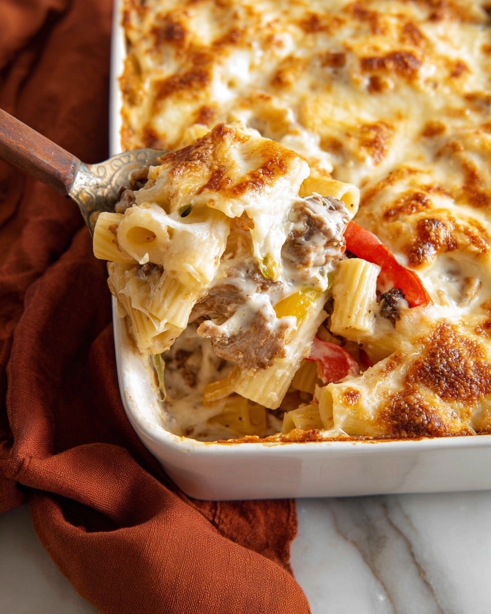 A close-up view of a baked pasta casserole in a white baking dish, showing layers starting with rigatoni pasta mixed with sliced red and yellow bell peppers and browned meat pieces. The top layer is thick, melted, golden-brown cheese, bubbly and slightly crispy on the edges. A portion is lifted with a utensil revealing stretchy melted cheese pulling with it, with pasta and meat underneath. The dish rests on a white marbled surface with a rust-colored cloth nearby. photo taken with an iphone --ar 4:5 --v 7