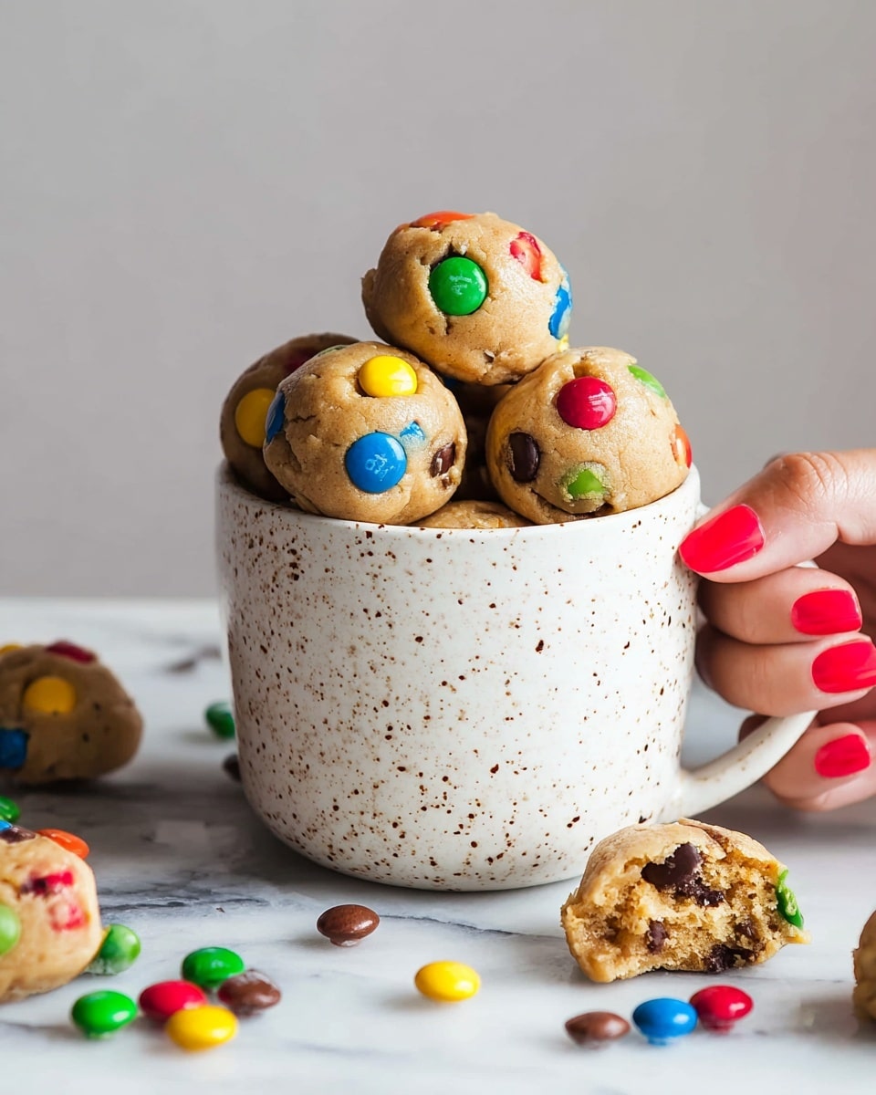 A tall white speckled mug is filled and piled high with round, chunky cookie dough balls that have a golden-brown color. Each dough ball is dotted with brightly colored candy-coated chocolate pieces in red, blue, yellow, green, and orange and small dark chocolate chips, giving a colorful and textured look. Around the base of the mug, there are scattered candy pieces and a couple of dough balls, one partly eaten to show its chewy inside. The whole scene is set on a white marbled surface and background, giving it a clean and bright feel. photo taken with an iphone --ar 4:5 --v 7