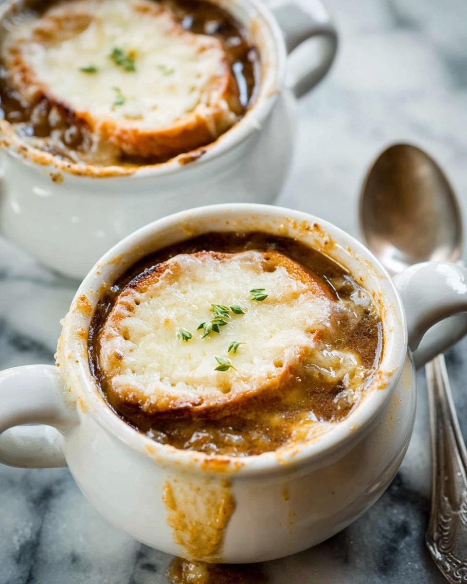 A white round bowl filled with French onion soup, topped with a thick layer of melted golden brown cheese that slightly bubbles and crisps at the edges, covering soft, caramelized onion slices submerged in dark brown broth; a small green herb sprig rests delicately on top of the cheese, and a few toasted bread slices in light golden color sit beside the bowl on a white marbled surface with shiny silver spoons in the background, photo taken with an iphone --ar 4:5 --v 7