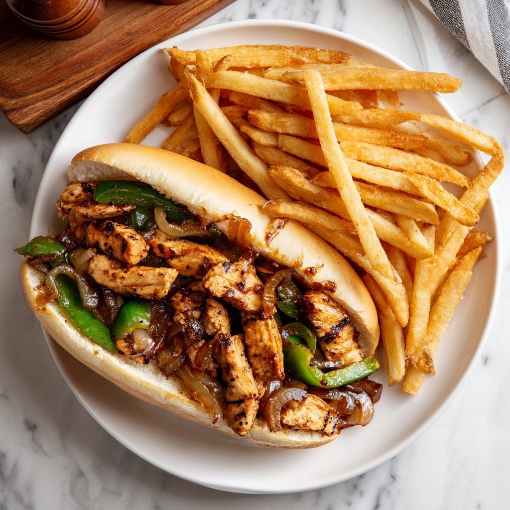 A white, soft hoagie roll is filled with a thick layer of cooked, brownish-red chicken pieces mixed with sautéed onions and green bell peppers, all coated in a glossy, rich sauce. Next to the sandwich, there is a generous pile of golden, crispy French fries with some black pepper flakes, topped with a small white dish of light orange dipping sauce with a smooth texture. The food is served on a white plate with raised dot details, placed on a white marbled texture background. photo taken with an iphone --ar 4:5 --v 7