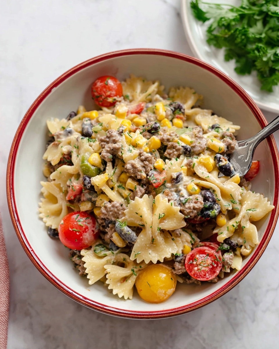 A clear glass bowl filled with a colorful pasta salad that has three main layers mixed together: light beige farfalle pasta as the base, with bright yellow corn kernels and small black beans scattered throughout, and juicy red cherry tomato halves adding pops of color. The salad is coated in a creamy, slightly speckled dressing with bits of green herbs visible. The bowl rests on a white marbled surface, and there is a woman's hand reaching from the top left corner holding the bowl. Photo taken with an iphone --ar 4:5 --v 7