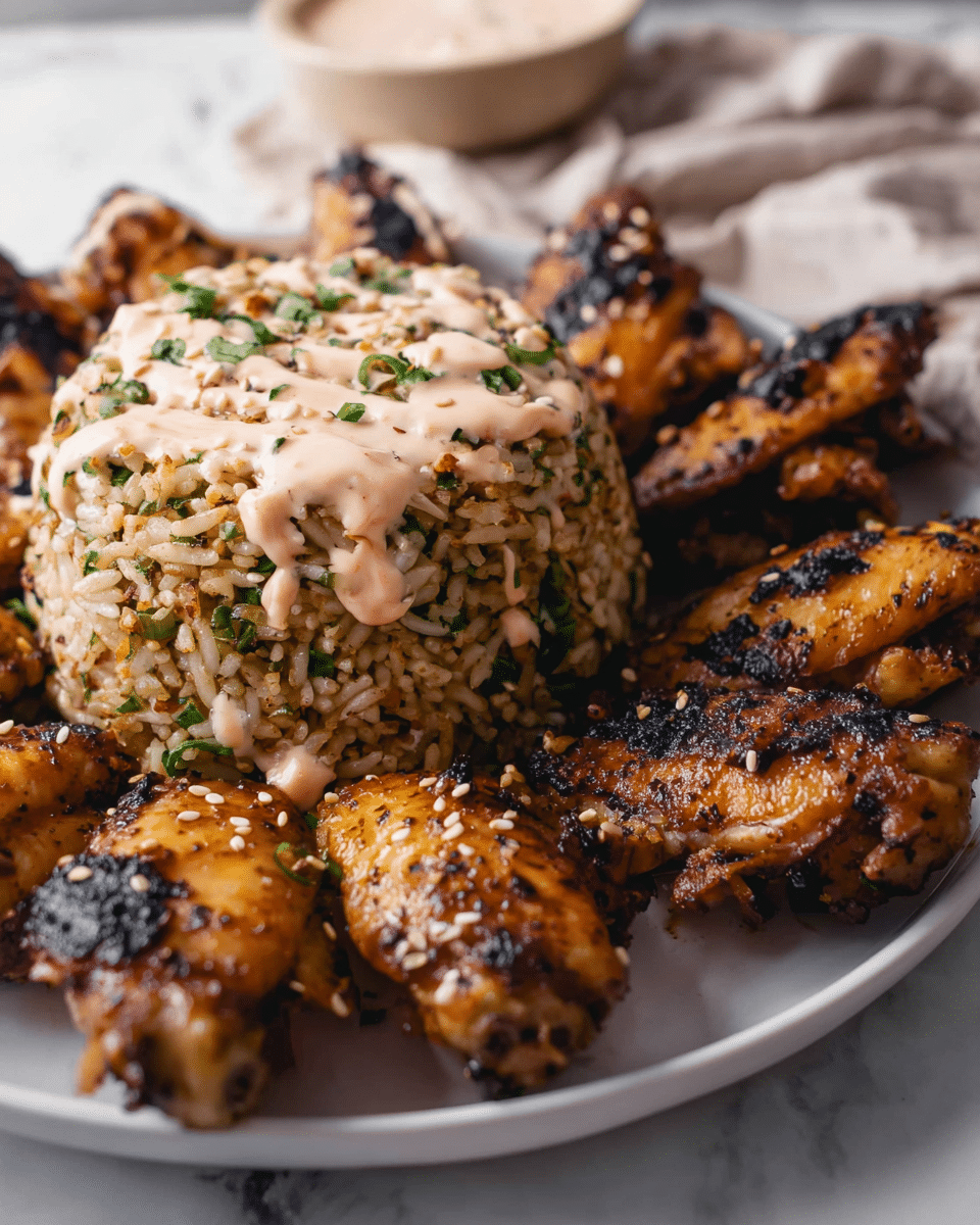 A white plate holds a mound of fried rice mixed with green herbs and small bits of egg, topped with a light pink creamy sauce and sprinkled with sesame seeds and seasoning. Surrounding the rice are many grilled chicken wings, browned with char marks, showing a slightly crispy texture. The plate is set on a white marbled surface with a soft cloth visible in the background. The overall colors are warm and inviting, with golden browns from the chicken and the creamy light pink sauce adding contrast. photo taken with an iphone --ar 4:5 --v 7