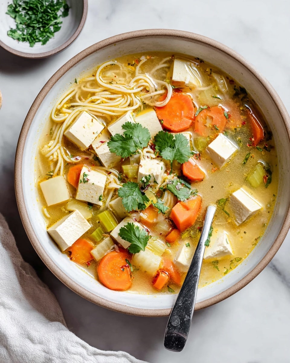 A black cooking pot with a light brown inside holds a clear broth soup layered with thin yellow noodles covering most of the surface. Scattered on top and around the noodles are light beige tofu cubes and round, bright orange carrot slices. Chopped green herbs are sprinkled over the center, adding a fresh touch. The pot sits on a white marbled surface with a white cloth nearby and some small white dishes and a wooden board with chopped ingredients around it. photo taken with an iphone --ar 4:5 --v 7
