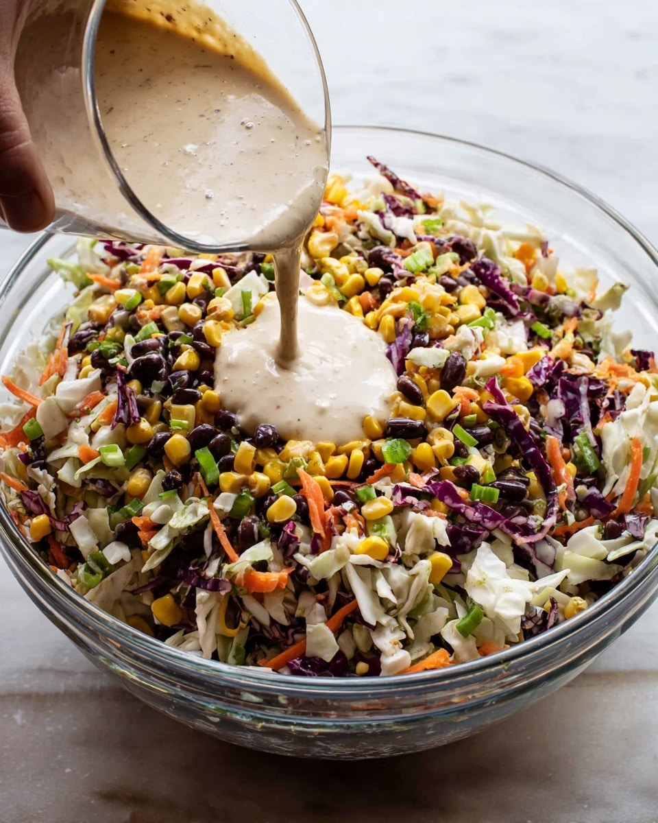 A clear bowl sits on a white marbled surface filled with a colorful mix of chopped vegetables including white and purple cabbage, black beans, bright yellow corn, green onions, and small orange carrot pieces. A creamy, light beige dressing is being poured into the center of the vegetable mix from a clear measuring cup held by a woman's hand, creating a small pool on top of the vegetables. The textures of the vegetables are slightly crunchy, and the dressing looks smooth and thick. Photo taken with an iphone --ar 4:5 --v 7
