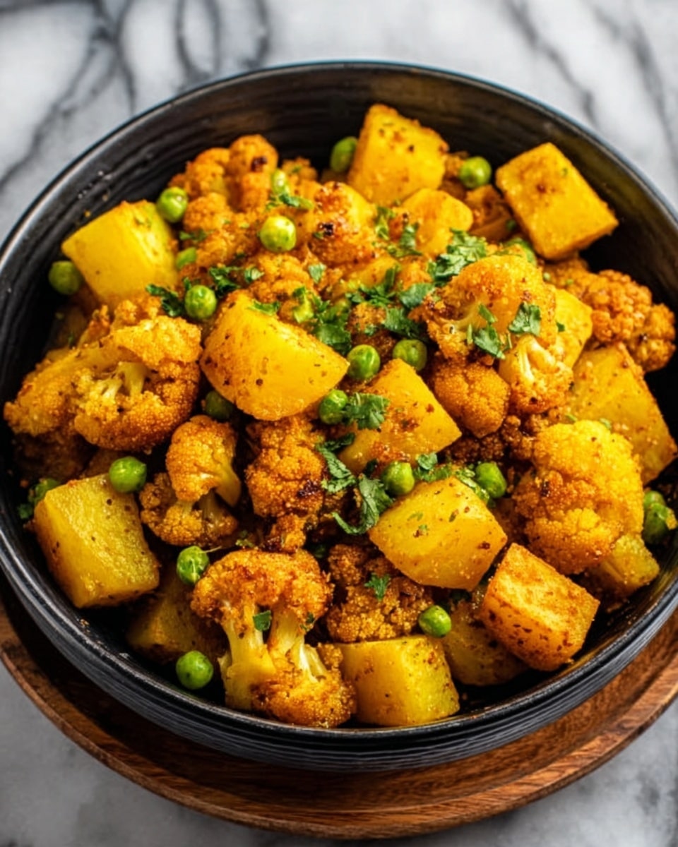 The image shows a black bowl filled with a mix of deep yellow cubed potatoes and golden brown cauliflower pieces, both slightly crispy and coated in spices. Scattered green peas add a contrasting pop of color throughout the dish. The bowl rests on a white marbled surface, and the scene is lit to highlight the textures of the vegetables clearly. photo taken with an iphone --ar 4:5 --v 7