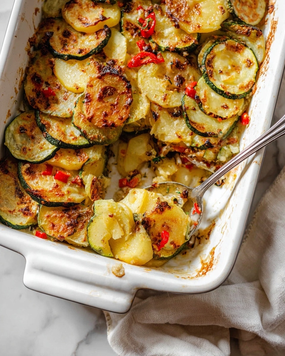 The image shows a white rectangular baking dish filled with a mixed vegetable casserole. The dish contains several layers of sliced potatoes that have brown skin edges and a creamy white middle, mixed with half-moon slices of green zucchini with a fresh, smooth texture. Small pieces of red bell peppers are scattered throughout, adding a bright contrast. The vegetables are dusted with a light yellow crumbly seasoning or breadcrumbs that cling unevenly to the surfaces. The baking dish sits on a white marbled textured surface. Photo taken with an iphone --ar 4:5 --v 7