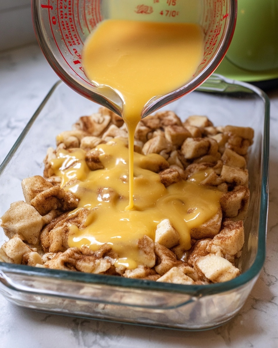 A clear glass baking dish sits on a white marbled texture, filled with many small pieces of cinnamon roll dough that have a light tan color with brown cinnamon swirls. A yellowish-orange sauce with a creamy texture is being poured over the dough pieces from a glass measuring cup marked with red measurements. In the background, there is a green kettle or teapot. The image is close-up, showing the sauce flowing over the dough pieces. photo taken with an iphone --ar 4:5 --v 7
