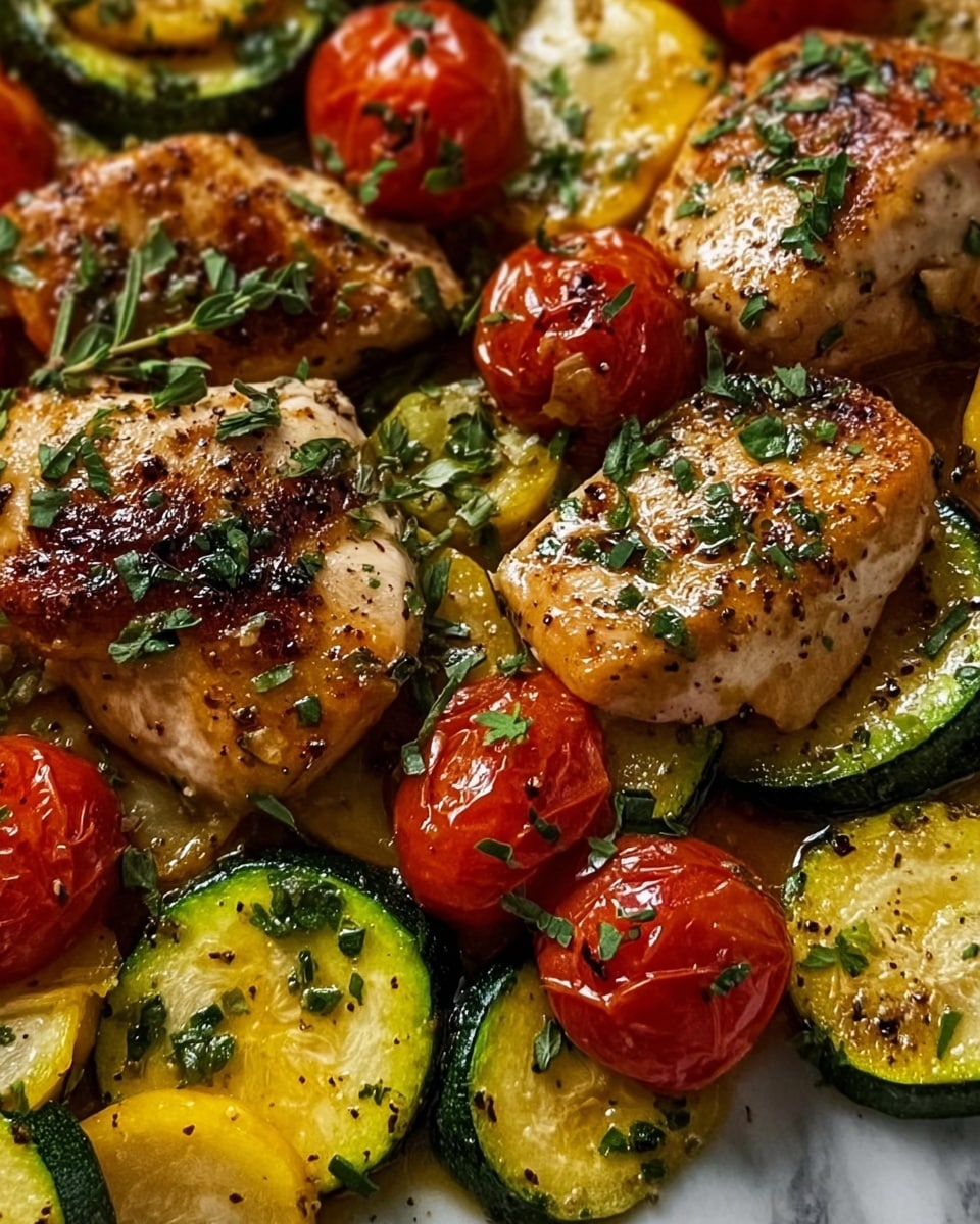 The image shows a close-up of a dish with three main layers: light brown grilled chicken pieces with a crispy, slightly charred surface on top; beneath and around the chicken are bright yellow grilled bell pepper chunks and deep red roasted cherry tomatoes, both with a shiny, tender texture; the bottom layer consists of green zucchini slices with golden grill marks and a soft inside. The whole dish is sprinkled with fresh green herbs that add a pop of color, all displayed on a white marbled surface. photo taken with an iphone --ar 4:5 --v 7