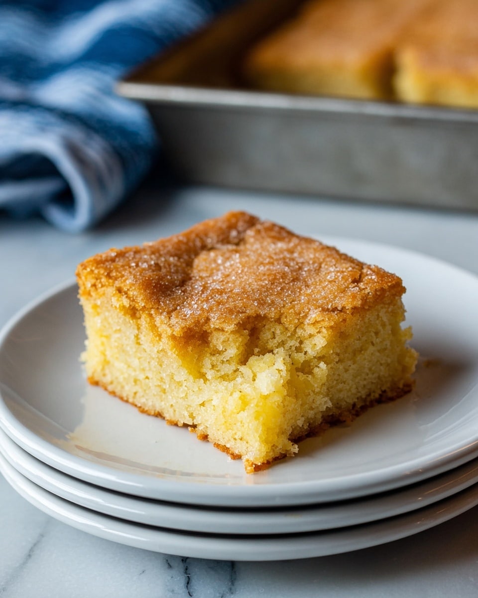 A square metal baking pan holds a golden-brown baked dessert cut into nine square pieces with a slightly crumbly and textured top layer; the dessert appears thick and dense with a light crust on the edges. The pan is placed on a blue-and-white checkered cloth, which sits on a dark wooden table. Above the pan, there is stacked two plain white bowls, partially visible, on the cloth. The whole scene is set on a white marbled surface. photo taken with an iphone --ar 4:5 --v 7
