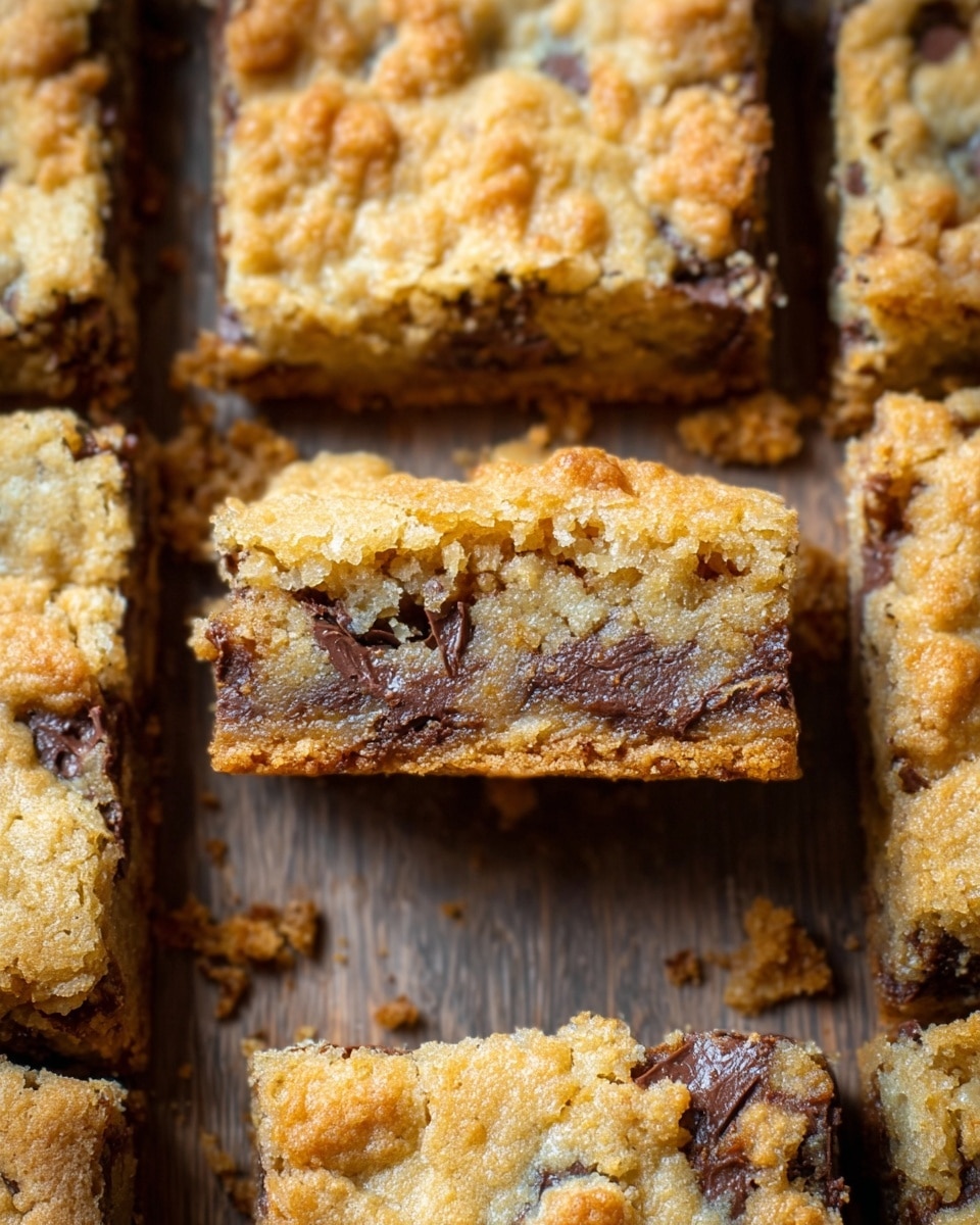 The image shows close-up square pieces of blondie bars with visible chocolate chunks inside. Each piece has two main layers: a thick, golden-brown, slightly crispy top layer with a rough texture, and a darker chocolate chunky layer underneath that is moist and soft. The bars are cut into even squares and placed together on a wooden tray. The blondie dough is light beige with small browned spots from baking, and the chocolate pieces vary from medium to dark brown. Photo taken with an iphone --ar 4:5 --v 7
