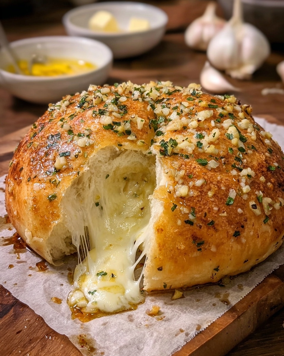 A round golden-brown baked bread dome with a shiny, slightly crispy crust, sprinkled with small pieces of garlic and green herbs on top. The bread is cut open in the front, revealing gooey, melted white cheese stretching out in soft, thick strings, oozing onto a sheet of parchment paper beneath it. The surface underneath the parchment paper is a dark wooden board. In the blurred background, there are white bowls filled with yellow butter or sauce, white garlic cloves, and a clear bottle of olive oil on a white marbled textured surface. photo taken with an iphone --ar 4:5 --v 7
