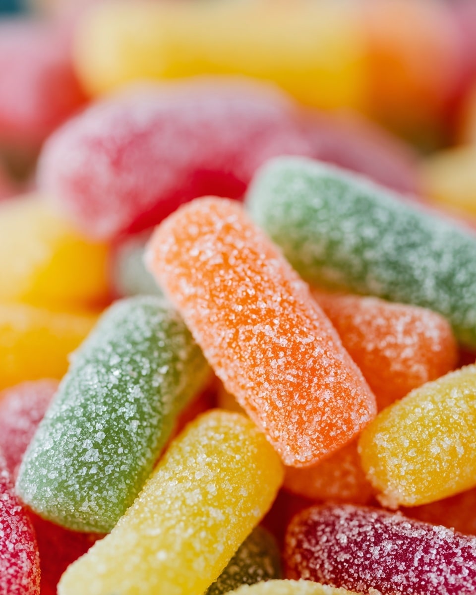 The image shows many small, cylinder-shaped jelly candies closely packed together. Each candy is covered with a rough sugary coating, giving a frosted look. The candies come in bright colors like orange, red, yellow, green, and pink. They fill the whole frame with a soft-focused background, making the colors stand out vividly against a white marbled texture. Photo taken with an iphone --ar 4:5 --v 7