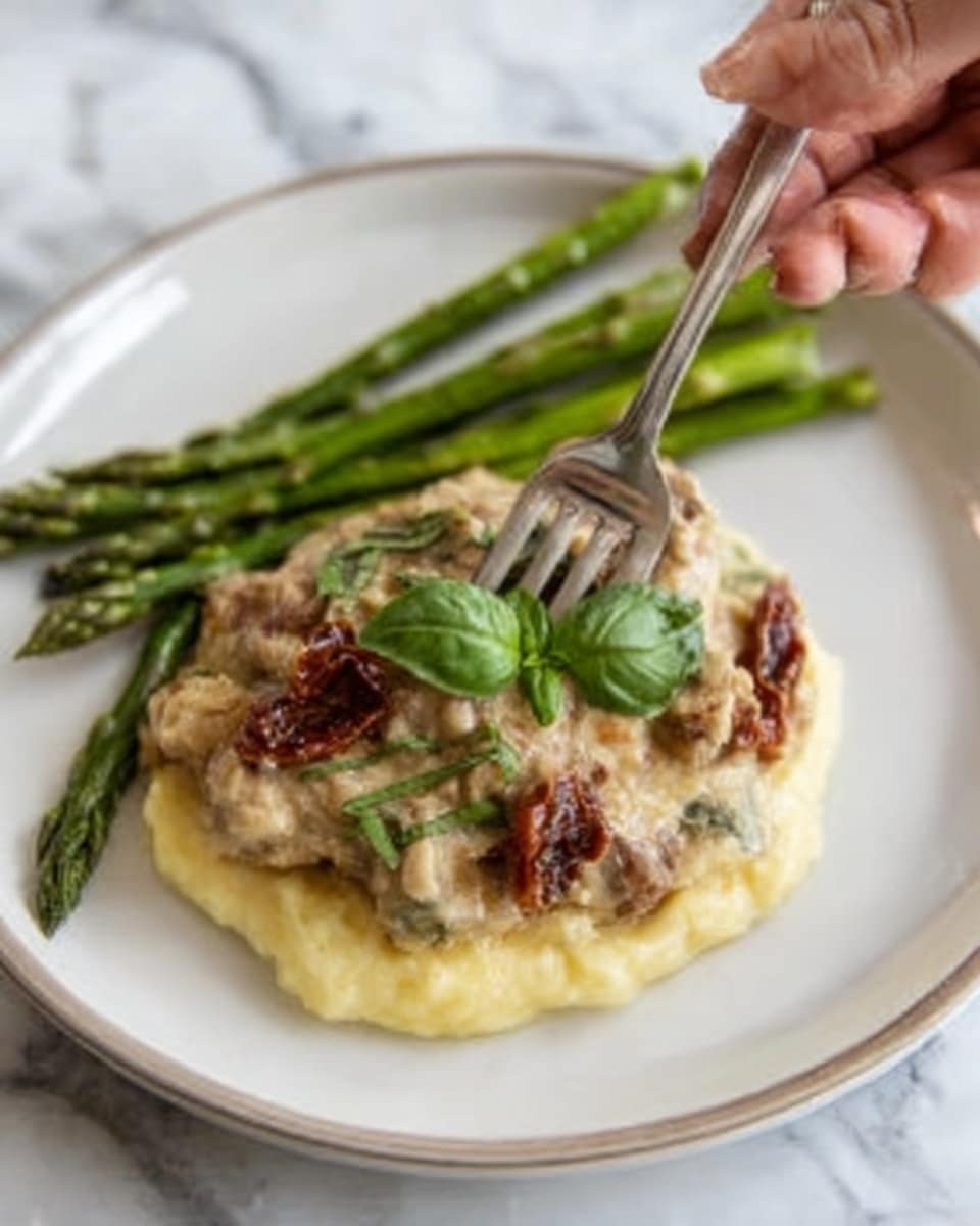 A white plate with a smooth white marbled surface underneath holds a base layer of creamy mashed potatoes, pale and soft in texture. On top, there is a thick creamy chicken mixture with pieces of brown and red sun-dried tomatoes, garnished with fresh green basil leaves scattered on the chicken. To the side of the plate, there are whole green asparagus spears, their texture shiny and slightly crisp. A woman's hand is holding a fork, digging into the chicken mix. Photo taken with an iphone --ar 4:5 --v 7
