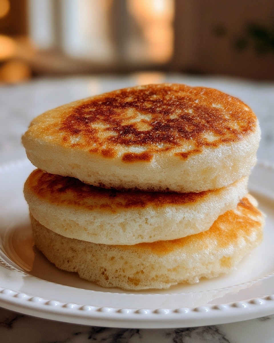 Two thick, fluffy pancakes with a golden brown, slightly crispy top layer are stacked on a white plate with a delicate beaded edge. Each pancake has a soft, airy texture visible on the sides, showing a pale, light beige interior. The bottom pancake has slightly more uneven browning, adding a warm, appetizing contrast. The background shows a soft warm light on a white marbled surface, creating a cozy morning atmosphere. photo taken with an iphone --ar 4:5 --v 7
