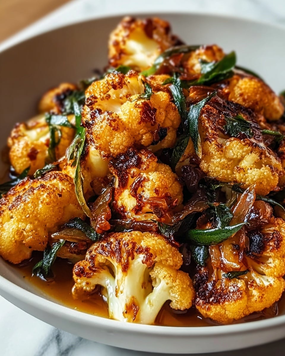 The image shows a close-up of a dish with several golden-brown roasted cauliflower florets that have a slightly charred texture on the edges. The cauliflower pieces are mixed with dark green herbs or leaves and small caramelized onions, all glistening with a light, glossy sauce. The food is served in a white bowl with a smooth texture, placed on a white marbled surface. The colors mainly include light yellow and brown from the cauliflower, dark green from the herbs, and amber from the caramelized onions and sauce. photo taken with an iphone --ar 4:5 --v 7