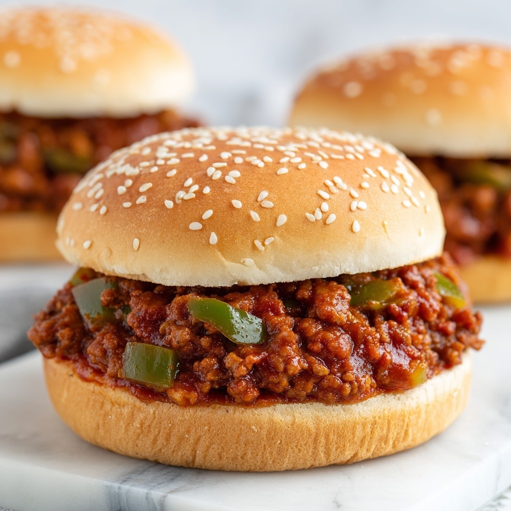The image shows a close-up of a sandwich with two layers. The bottom layer is a soft sesame seed bun in light brown color with a smooth texture. Above it, there is a thick layer of saucy minced meat mixed with small pieces of green bell peppers and onions, all covered in red tomato sauce, which makes the filling look juicy and chunky. On top, there is the sesame seed bun crown, golden brown with a slight shine and sprinkled with white sesame seeds. The sandwich is placed on a white marbled surface, with some filling spilling slightly out to one side. In the background, two more similar sandwiches are slightly blurred. photo taken with an iphone --ar 4:5 --v 7
