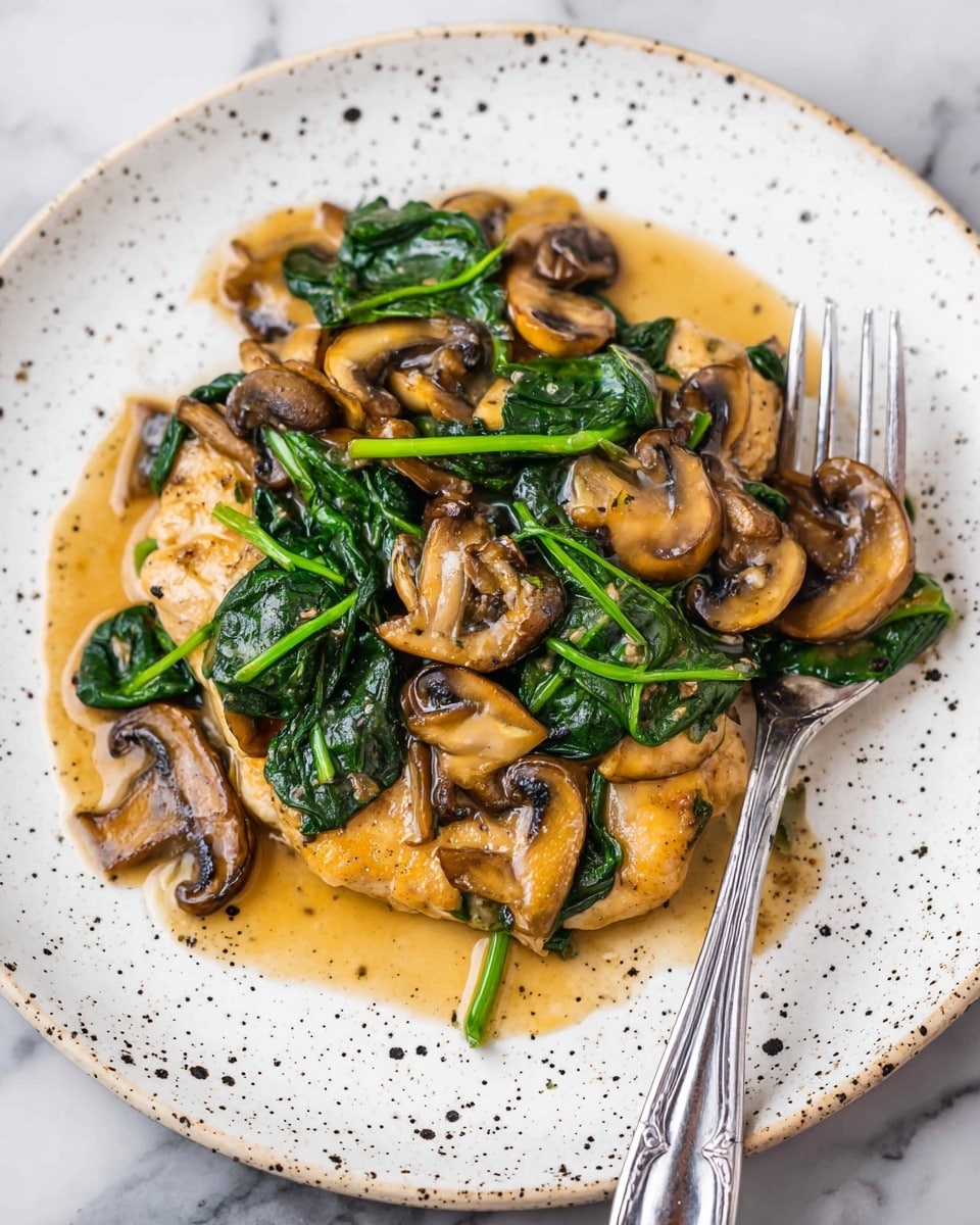 The dish shows three main layers on a white plate with black specks. The bottom layer is golden-brown cooked chicken, slightly shiny from the sauce. Above the chicken are many pieces of sliced mushrooms in light to dark brown colors, glossy with sauce. The top layer is bright green cooked spinach leaves with some stems visible, adding a fresh texture. Around the plate, a light brown sauce pools slightly, with a silver fork resting on the right side close to the food. The background is a white marbled texture. photo taken with an iphone --ar 4:5 --v 7