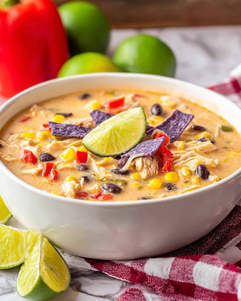 A bowl of creamy chicken tortilla soup is shown, filled with a pale orange broth mixed with visible shredded white chicken pieces, yellow corn kernels, black beans, and small pieces of red and orange bell peppers. On top, there is a colorful pile of tortilla strips in dark purple, beige, and red scattered over the soup along with a few corn kernels and black beans. Two thin lime wedges rest on the center, adding a fresh green contrast. The dish is served in a white bowl placed on a white marbled textured surface with some whole tomatoes and a sliced lime nearby. photo taken with an iphone --ar 4:5 --v 7