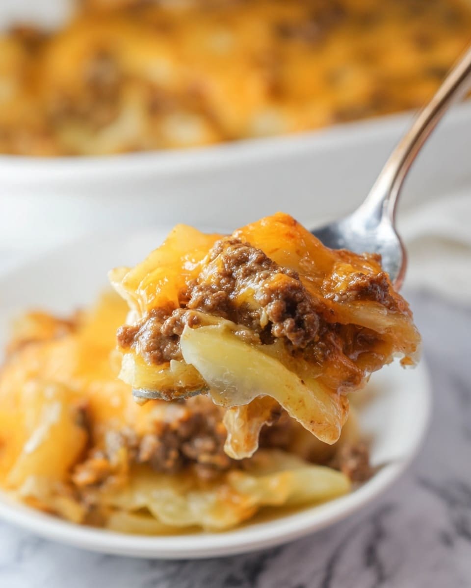 A close-up of a spoon holding a bite of a layered dish with three visible layers: the bottom layer shows yellow cooked potatoes with a soft texture, the middle layer is light golden cooked onions with a mild translucence, and the top layer is browned ground meat mixed with melted orange cheddar cheese, creating a gooey and rich look. The background shows more of the same dish in a white bowl on a white marbled surface, slightly out of focus, emphasizing the spoonful. The lighting is soft and natural, highlighting the textures of the melted cheese and cooked ingredients. photo taken with an iphone --ar 4:5 --v 7