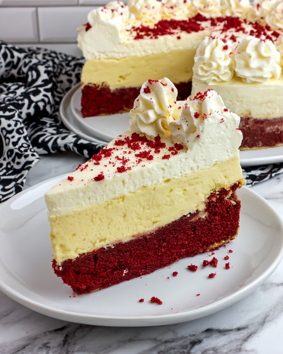 The image shows a slice of three-layer cake on a white plate with red crumbs scattered around. The bottom layer is a rich, dark red color with a soft texture. Above this is a thick, creamy white middle layer that looks smooth and dense. The top layer is a smooth white frosting, with small white cream peaks around the edge decorated with red crumbs. In the background, the rest of the cake is visible on another white plate, resting on a white marbled surface with a black and white patterned cloth nearby. photo taken with an iphone --ar 4:5 --v 7