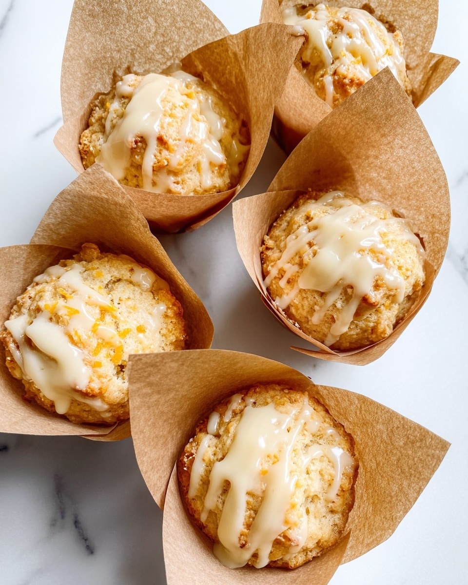 The image shows five light golden muffins with a rough and crumbly texture, each wrapped in brown parchment paper that opens outwards like petals. The muffins have a glossy, thick white glaze drizzled unevenly on top, making the tops shine with a smooth finish. They are arranged close together on a white marbled surface, filling most of the frame with natural light highlighting their texture and glaze. photo taken with an iphone --ar 4:5 --v 7