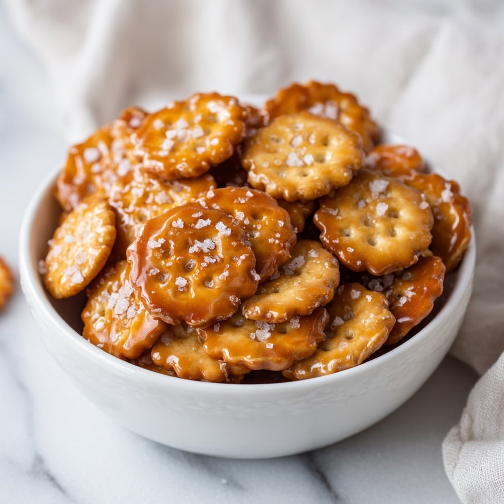 A close-up image shows a white bowl filled with small, round crackers that are covered with a shiny caramel layer. The crackers have a light golden color with a slightly rough texture on the edges, and the caramel coating has small salt crystals sprinkled on top, giving a glossy and slightly bumpy look. The bowl sits on a white marbled surface with a soft white cloth nearby. photo taken with an iphone --ar 4:5 --v 7