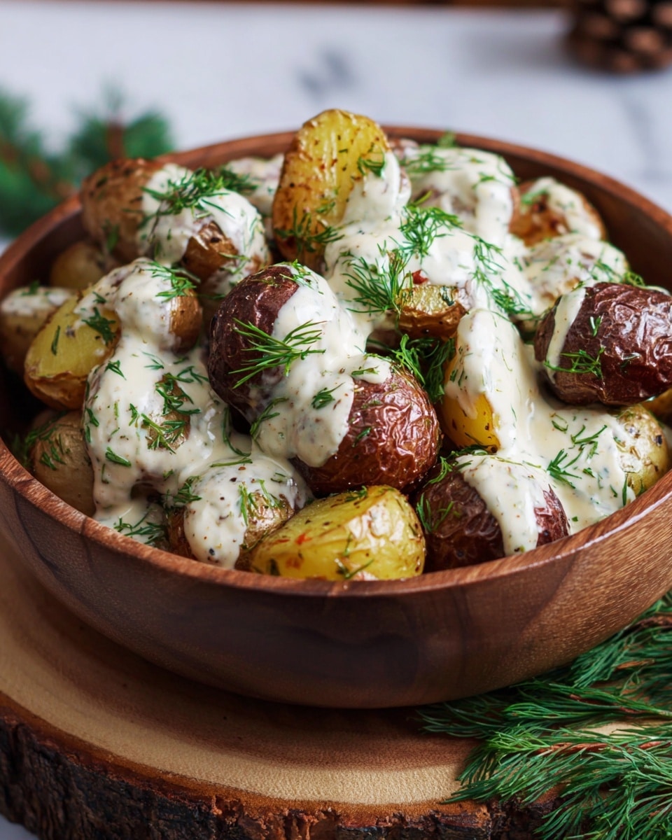 A wooden bowl filled with roasted baby potatoes halved, showing a mix of golden-brown and darker crispy skins. The potatoes are covered with a creamy white sauce that drips softly over them. Fresh green herbs, likely dill, are sprinkled generously on top, adding a bright contrast. The bowl rests on a wood slice on a dark wooden table, decorated with pine branches and pinecones, but the surface is changed to a white marbled texture. photo taken with an iphone --ar 4:5 --v 7