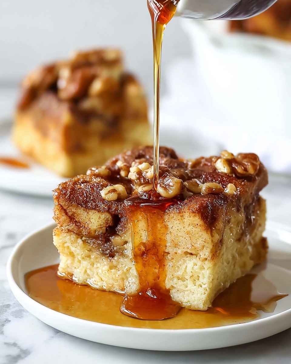 A thick square slice of bread pudding sits on a white plate, showing two main layers: a dense, soft, yellowish bread base, and a golden-brown, textured top layer with bits of walnuts and cinnamon swirls. Dark amber syrup is poured over the top, flowing down the sides and pooling on the plate, highlighting the moistness and richness of the dessert. In the background, a slightly blurred second slice sits on another white plate, all on a white marbled surface. photo taken with an iphone --ar 4:5 --v 7