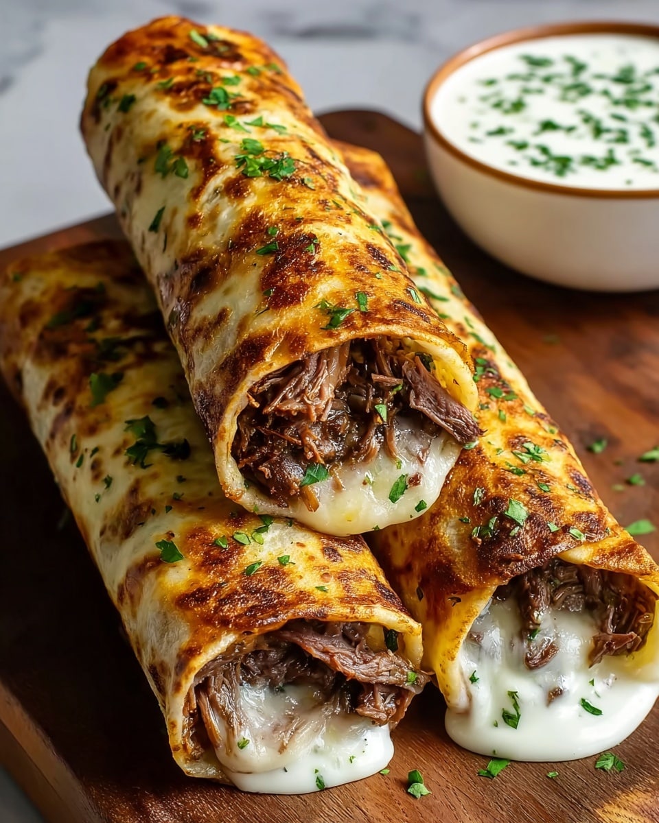 Three rolled tacos are stacked on a wooden board, each filled with shredded, tender-looking brown meat mixed with melted white cheese and small green herbs. The outer shell is golden-brown and crispy with dark browned spots and sprinkled with chopped green herbs. In the background, there is a small white bowl filled with creamy white sauce topped with bits of green herbs. The surface is a white marbled texture. photo taken with an iphone --ar 4:5 --v 7