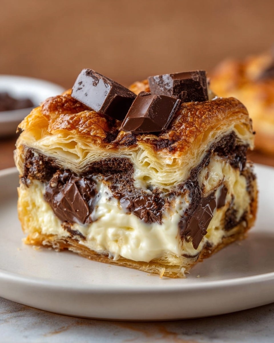 A close-up view of a single piece of chocolate chip croissant on a white plate, sitting on a white marbled surface with an orange cloth underneath. The croissant has multiple flaky, golden-brown layers with dark chocolate chunks embedded on the top and inside. The center layer shows melted creamy white cheese oozing out, mixed with melted dark chocolate chips. Some loose dark chocolate chips are scattered on the plate around the croissant. The overall texture is flaky and soft with melted gooey cheese and chocolate inside. Photo taken with an iphone --ar 4:5 --v 7