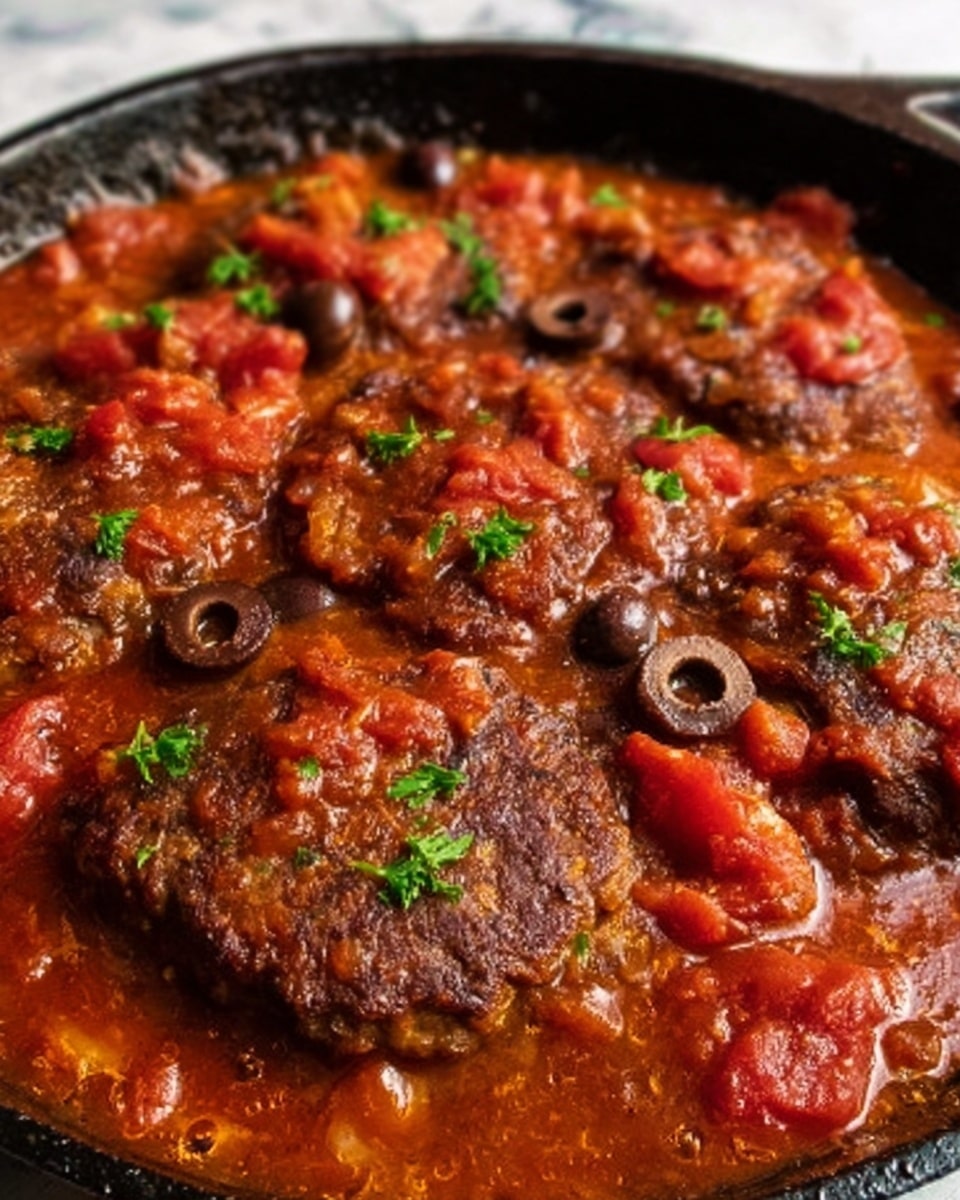 A close-up view of a black skillet filled with several thick, round beef patties cooked in a rich reddish-brown tomato sauce with visible chunks of red tomatoes and sliced black olives scattered on top. Small green herbs are sprinkled lightly over the sauce, which has a slightly oily shine and a textured surface from the cooked ingredients. The patties have a seared, brown texture with some visible grill marks. The skillet is set on a white marbled surface. Photo taken with an iphone --ar 4:5 --v 7