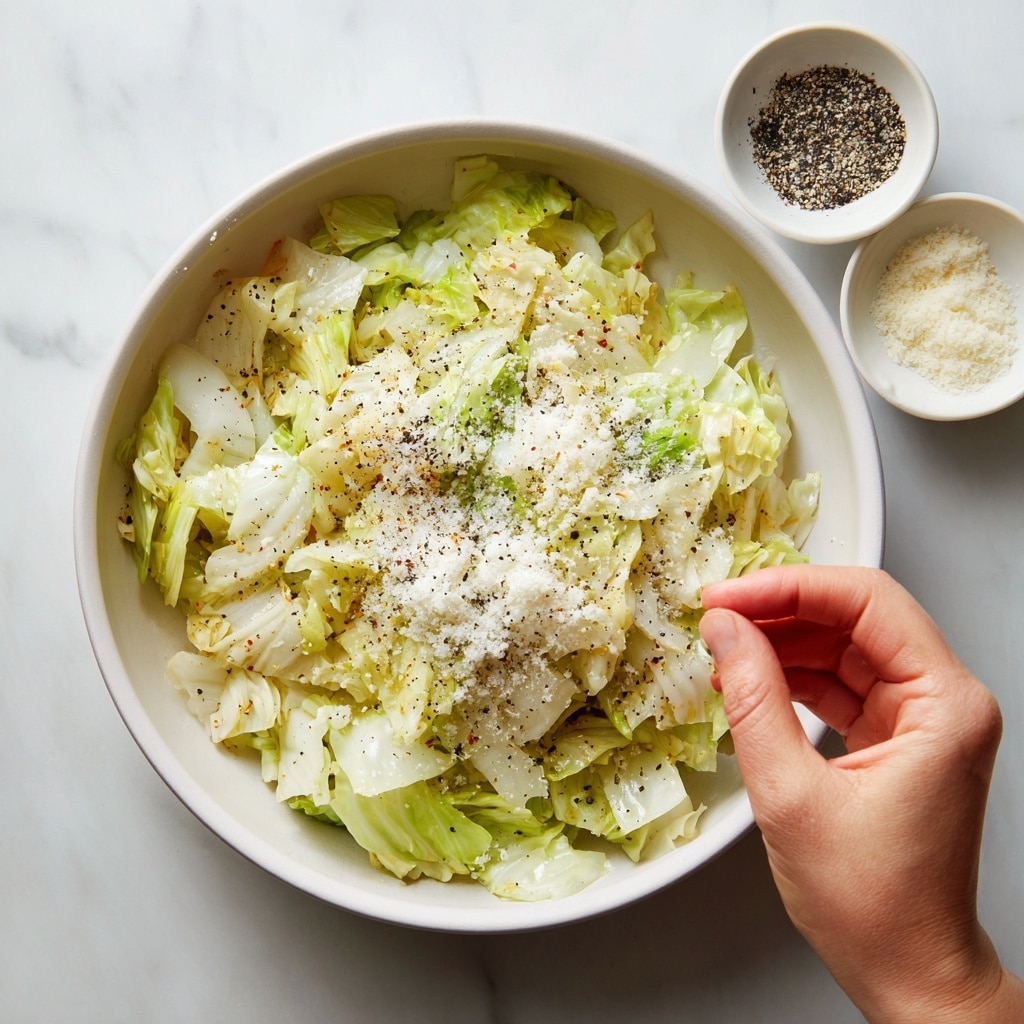 A round white bowl filled with chopped cooked cabbage, the cabbage pieces are mostly pale green and white with some light brown spots indicating slight cooking. The cabbage is topped with a light sprinkling of white grated cheese and black pepper specks evenly spread. To the upper right of the bowl, two small round white dishes contain coarse black pepper and grated white cheese. A woman's hand is seen in the lower right corner, gently sprinkling cheese over the cabbage. The bowl and dishes rest on a white marbled surface. photo taken with an iphone --ar 4:5 --v 7