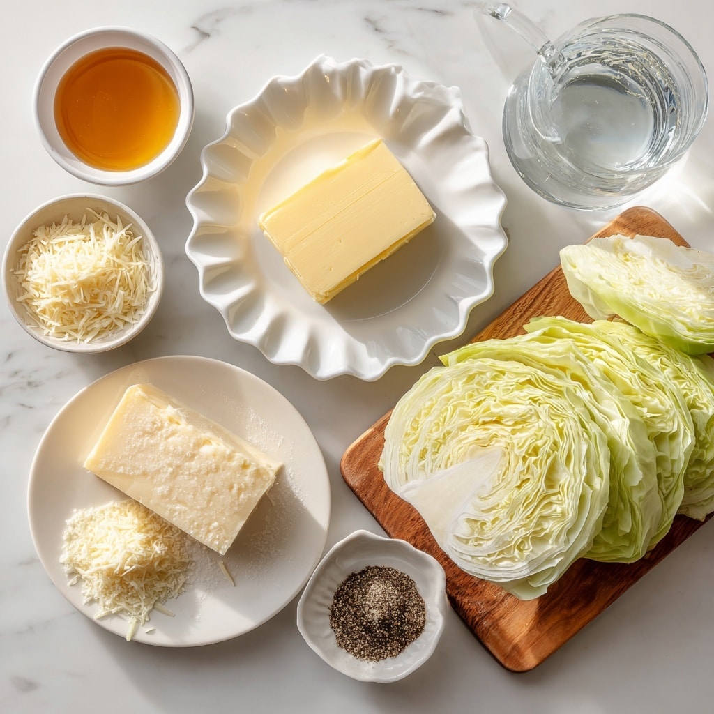 The image shows several ingredients arranged on a white marbled surface. On the bottom left, there is a white plate holding a block of pale yellow cheese next to a small pile of grated cheese. Above it to the left, a small white bowl contains a golden liquid, likely honey or syrup. Above that, on a white scalloped plate, is a rectangular pat of butter in a light yellow color. To the right, a wooden board holds thinly sliced pale green cabbage with a half head of cabbage sitting next to it. On the top right, a small white bowl contains coarsely ground black pepper, and next to it is a clear glass cup filled with water. The setup is simple with soft natural light highlighting the fresh textures. photo taken with an iphone --ar 4:5 --v 7