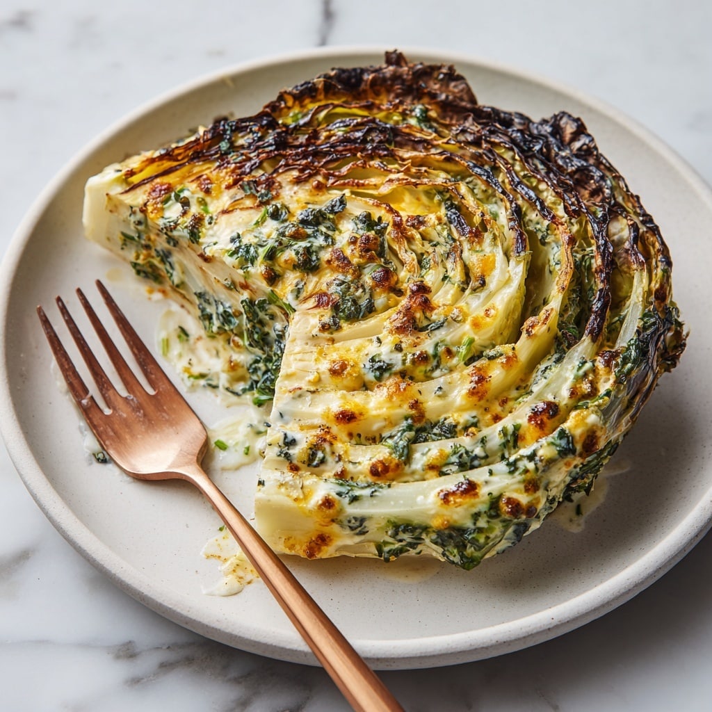 A thick, round slice of grilled cabbage sits at the center of a white plate, showing charred, dark brown edges and a pale yellow-green grilled core. On top is a thick layer of creamy, cooked spinach mixed with white cheese pieces, topped with melted golden cheddar cheese that looks slightly bubbly and glossy. The cabbage layers create a textured, ringed pattern under the spinach and cheese mix. A rose gold fork rests on the left side of the plate, placed on a surface with a white marbled texture. Photo taken with an iphone --ar 4:5 --v 7