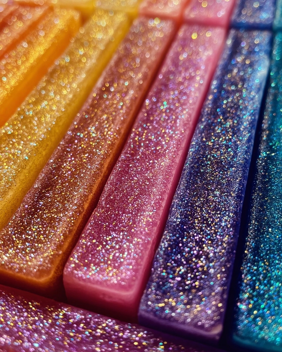 The image shows a close-up view of colorful, sparkly candy sticks stacked closely side by side. The sticks have a smooth, shiny texture with fine glitter spread all over their surface. The colors shift smoothly from warm orange and yellow on the left, to pink and purple in the middle, and then to deep blue and violet on the right. Each stick is long and rectangular, laying flat and parallel in neat rows, creating a vibrant and glittery gradient effect. The background is a white marbled texture. photo taken with an iphone --ar 4:5 --v 7