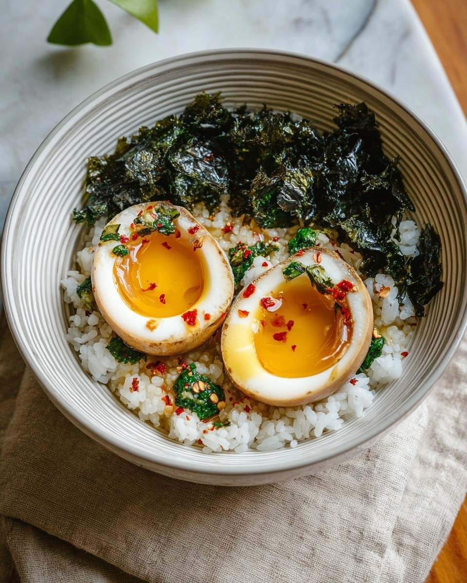 The image shows a bowl with three layers: at the bottom is a layer of white rice with a soft, slightly sticky texture; on top of the rice, there are two halves of a soft-boiled egg with a shiny, caramel-colored outer layer and a rich, runny orange yolk inside; next to the eggs is a small pile of glossy, dark green seaweed sheets; scattered on the rice and eggs are small pieces of chopped red chili and green herbs, adding bright red and green spots. The bowl is white with subtle horizontal lines, set on a folded beige cloth, all placed on a surface with a white marbled texture. Photo taken with an iphone --ar 4:5 --v 7