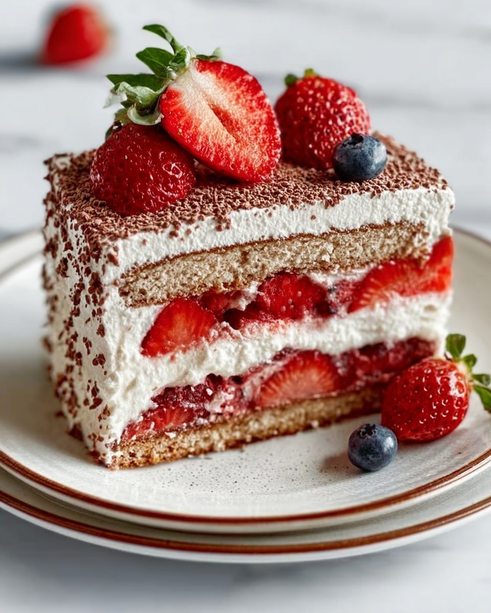 The image shows a layered dessert on a white plate with cocoa powder dusted around the edges. The dessert has three main layers, starting with a bottom layer of soaked ladyfinger biscuits in a light brown color. Above it, there is a thick layer of white creamy mascarpone cheese mixed with small pieces of bright red strawberries visible inside. The top layer is another creamy white mascarpone layer sprinkled with cocoa powder, giving it a light brown dusted look. The dessert is garnished with a whole bright red strawberry with green leaves, sliced partly and placed on top. A silver fork is placed next to the dessert on the plate. The surface beneath the plate shows a white marbled texture. photo taken with an iphone --ar 4:5 --v 7