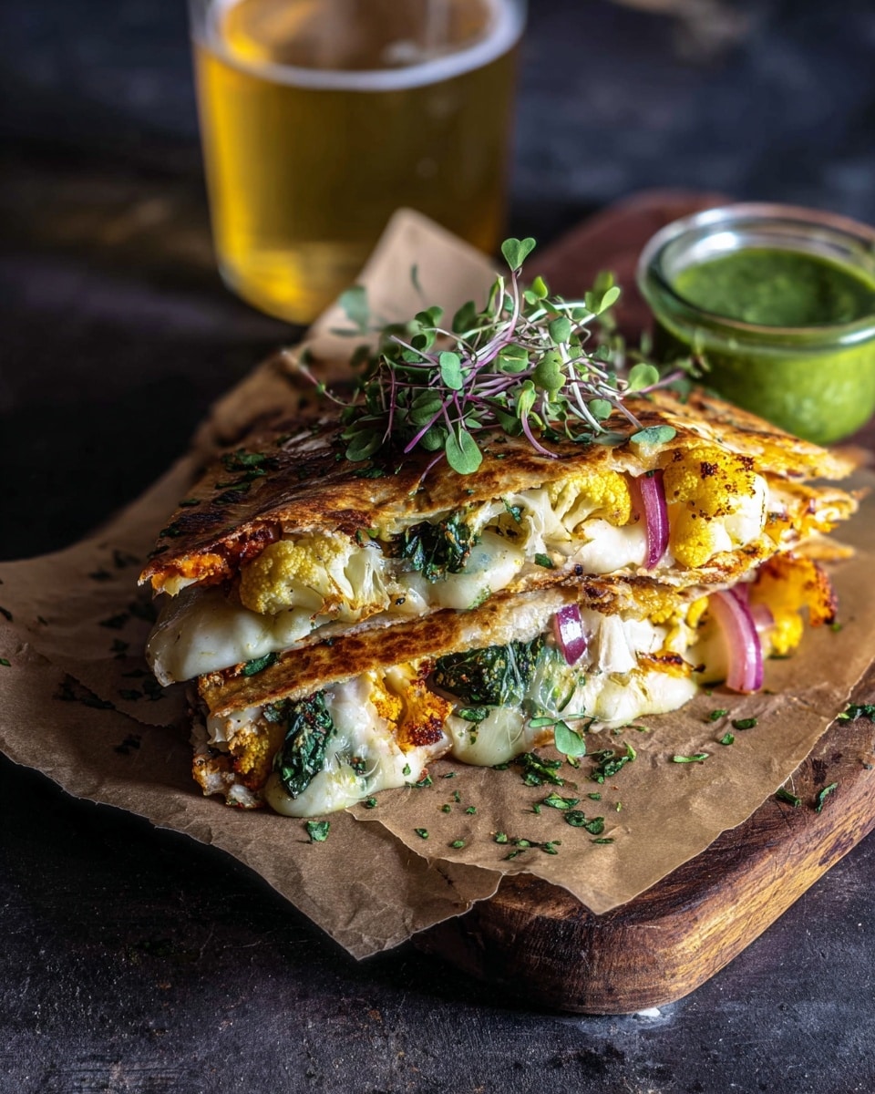 The image shows two folded quesadilla slices stacked on top of each other, placed on brown parchment paper over a dark wooden board. Each quesadilla has a golden-brown crispy outer layer with melted white cheese oozing out. Inside, there are layers of green leafy vegetables, roasted orange-yellow cauliflower, and thin slices of red onion. The top quesadilla is garnished with fresh green microgreens. In the background, there is a small glass jar filled with a thick green sauce and a glass of light golden liquid. The whole scene is set against a dark textured surface. photo taken with an iphone --ar 4:5 --v 7