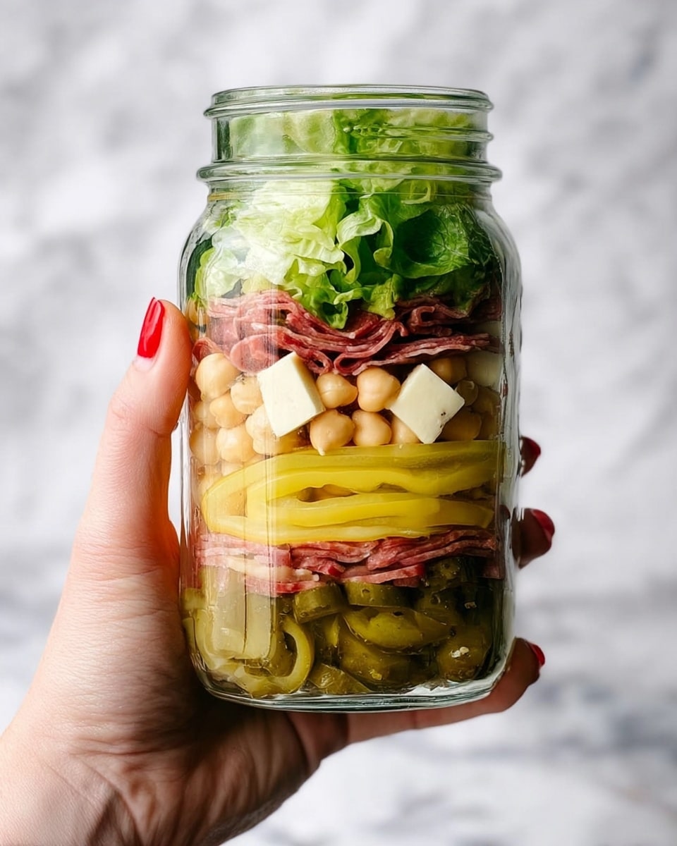 A clear glass jar held by a woman's hand with a metal lid, filled with six visible layers of fresh salad ingredients. The bottom layer is light green jalapeño slices with a slightly wet texture. Above it is a bright yellow layer of pepperoncini peppers with a glossy look. Next is a pale beige layer of chickpeas, followed by thin strips of reddish-pink salami. On top of that are small white cubes of cheese, and the top layer is made of crisp, vibrant green leafy lettuce. The background is a white marbled texture. photo taken with an iphone --ar 4:5 --v 7