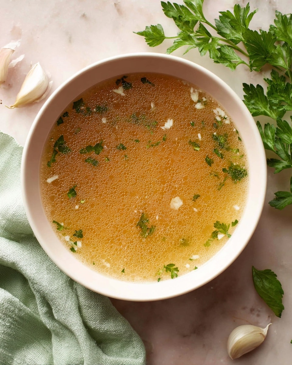 A light golden broth fills a white bowl, showing tiny bubbles on the surface with small bits of white garlic and scattered green herbs floating evenly throughout. The soup looks clear and warm, with a smooth texture highlighted by the fresh parsley sprigs placed nearby on a white marbled surface, accompanied by a pale green cloth and a few garlic cloves beside the bowl. The setting is soft and natural, with a clean and fresh atmosphere. photo taken with an iphone --ar 4:5 --v 7